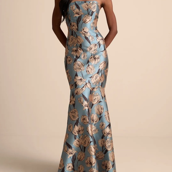 Lulus Gowning Around Slate Blue Floral Jacquard Strapless Maxi Dress - Size XS - Picture 1 of 2